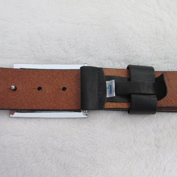 Puma Black Leather Golf-Style Belt Silvertone Cut-Out Logo Buckle Fine Scratches - Picture 6 of 8